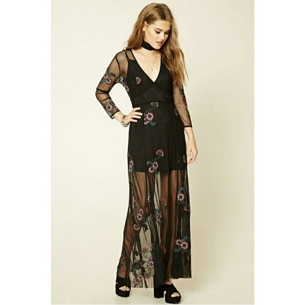 Forever 21 Sheer Black Maxi Dress with Floral Details